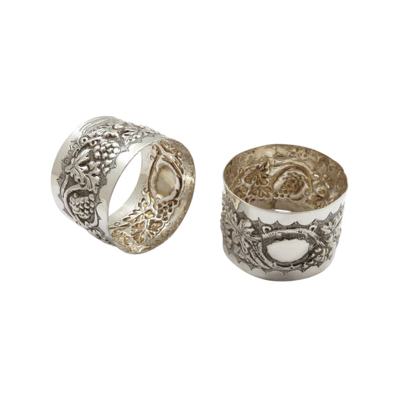 Pair of Antique Victorian Sterling Silver 'Grape & Vine' Napkin Rings in Case 1899