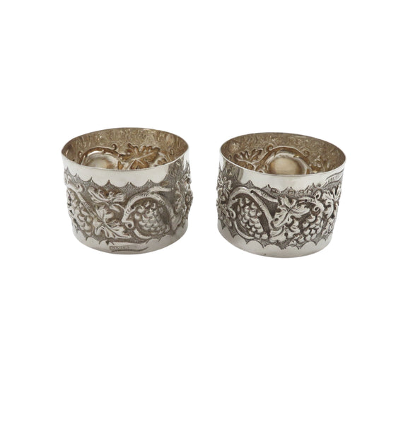 Pair of Antique Victorian Sterling Silver 'Grape & Vine' Napkin Rings in Case 1899