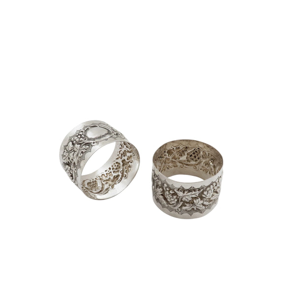 Pair of Antique Victorian Sterling Silver 'Grape & Vine' Napkin Rings in Case 1899