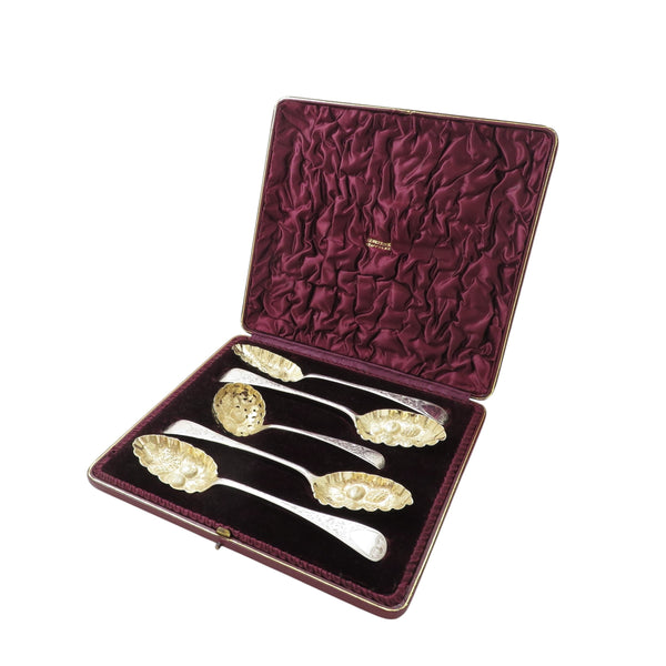Set of 4 Antique Sterling Silver Berry Spoons & Sifter Spoon 1896 / 1801