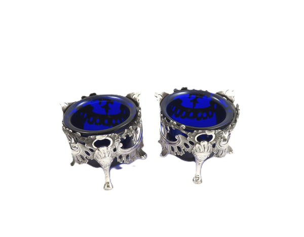 Pair of Antique Victorian Sterling Silver Salts with Liners 1845