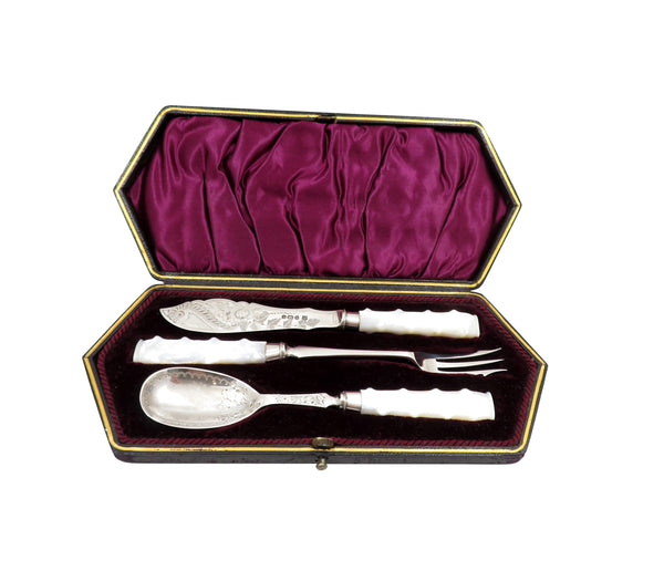 Antique Victorian Sterling Silver Jam Spoon, Pickle Fork, Butter Knife Set in Case 1891/92