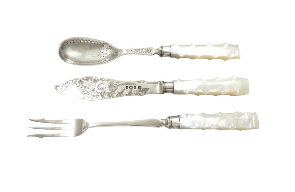 Antique Victorian Sterling Silver Jam Spoon, Pickle Fork, Butter Knife Set in Case 1891/92