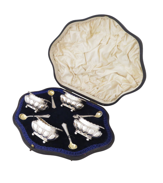 Set of 4 Antique Edwardian Sterling Silver Salts & Spoons in Case 1903