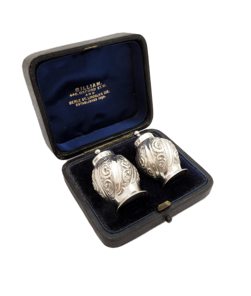 Pair of Antique Victorian Sterling Silver Peppers in Case 1892
