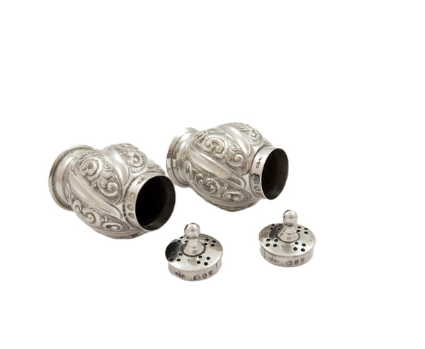 Pair of Antique Victorian Sterling Silver Peppers in Case 1892