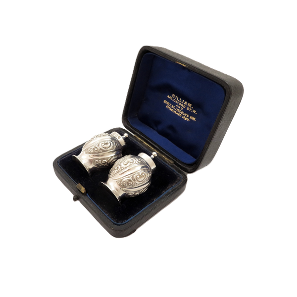 Pair of Antique Victorian Sterling Silver Peppers in Case 1892