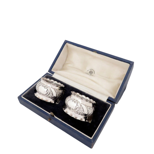 Pair of Antique Victorian Sterling Silver Napkin Rings in Case 1894