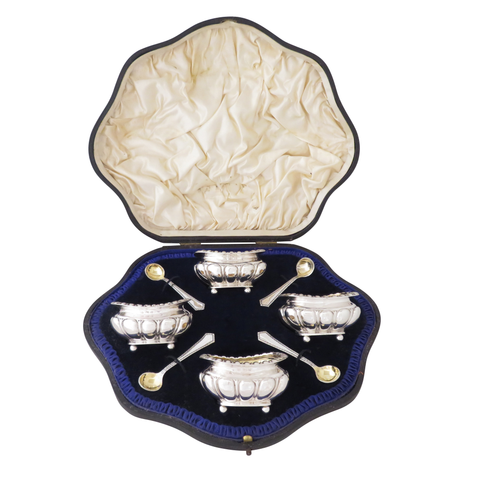 Set of 4 Antique Edwardian Sterling Silver Salts & Spoons in Case 1903