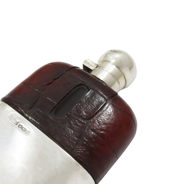 Antique Sterling Silver & Crocodile Leather Hip Flask 1938