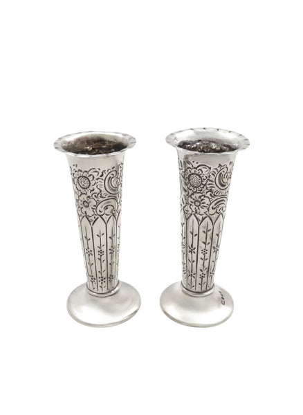 Pair of Antique Victorian Sterling Silver 4 1/2" Vases 1890