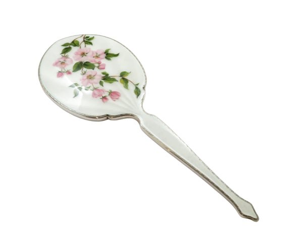 Vintage Sterling Silver & Hand Painted Floral Enamel Hand Mirror 1957