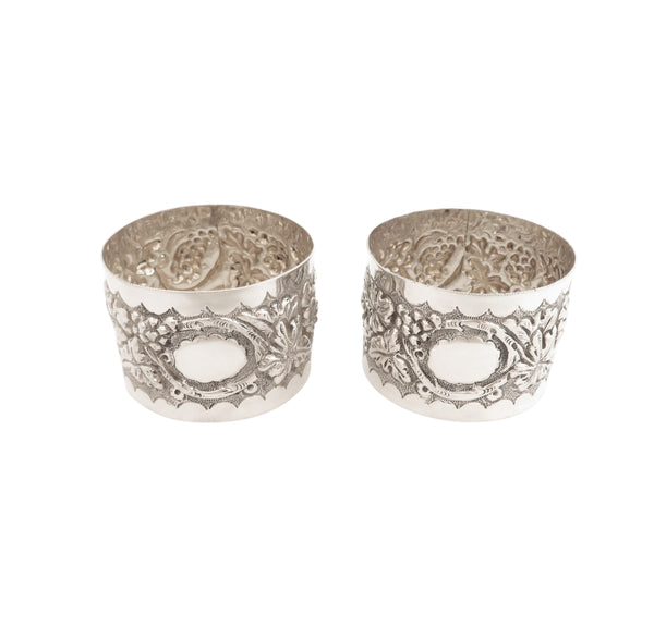 Pair of Antique Victorian Sterling Silver 'Grape & Vine' Napkin Rings in Case 1899