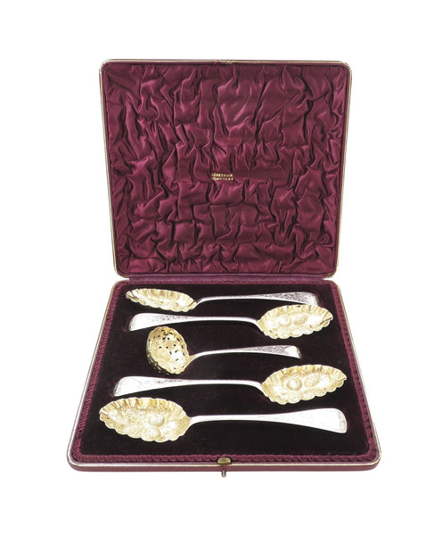 Set of 4 Antique Sterling Silver Berry Spoons & Sifter Spoon 1896 / 1801