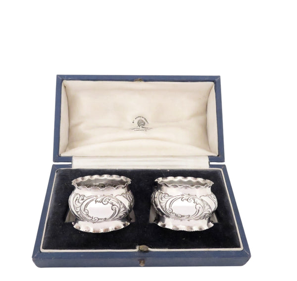 Pair of Antique Victorian Sterling Silver Napkin Rings in Case 1894