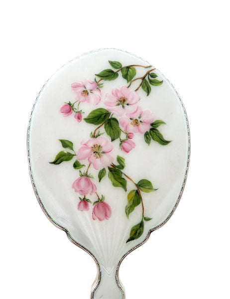 Vintage Sterling Silver & Hand Painted Floral Enamel Hand Mirror 1957