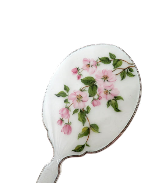Vintage Sterling Silver & Hand Painted Floral Enamel Hand Mirror 1957