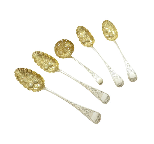 Set of 4 Antique Sterling Silver Berry Spoons & Sifter Spoon 1896 / 1801