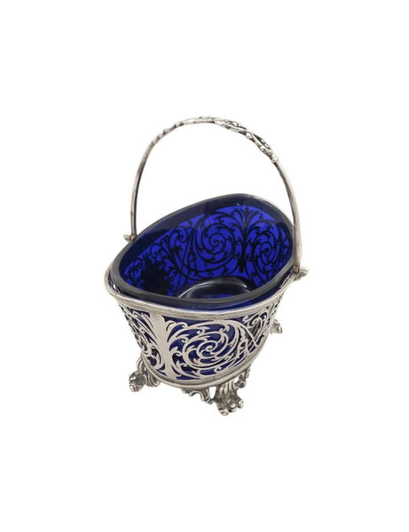 Antique Edwardian Sterling Silver Basket with Blue Glass Liner 1901