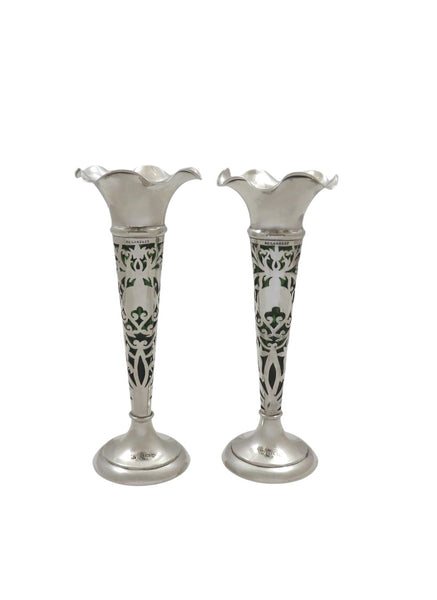 Pair of Antique Edwardian Sterling Silver & Green Glass Liner Bud Vases 1905