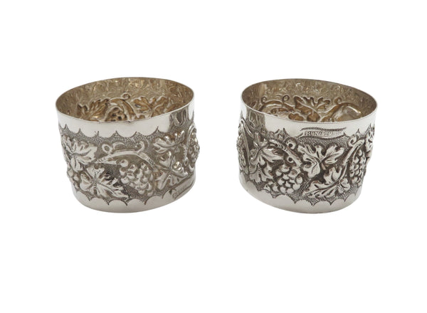 Pair of Antique Victorian Sterling Silver 'Grape & Vine' Napkin Rings in Case 1899