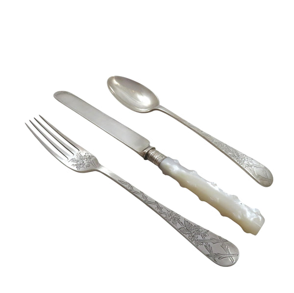 Antique Victorian Sterling Silver 3 Piece Christening Set in Case 1896