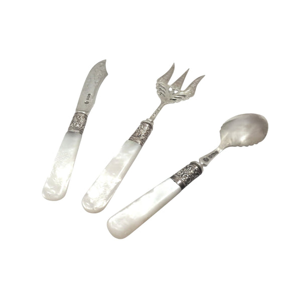 Antique Edwardian Sterling Silver & Mother of Pearl Toast / Crumpet Cutlery Set 1906