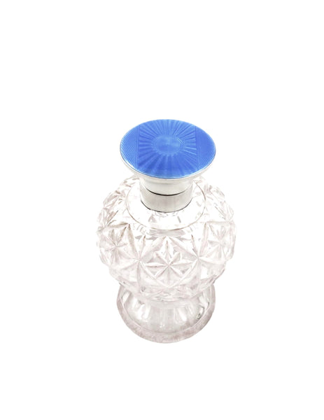 Antique Sterling Silver & Blue Enamel Cut Glass 5 3/4" Scent / Perfume Bottle 1930