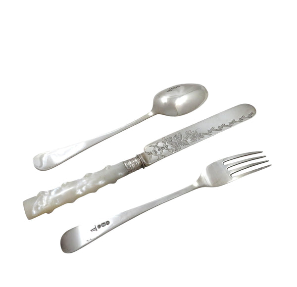 Antique Victorian Sterling Silver 3 Piece Christening Set in Case 1896