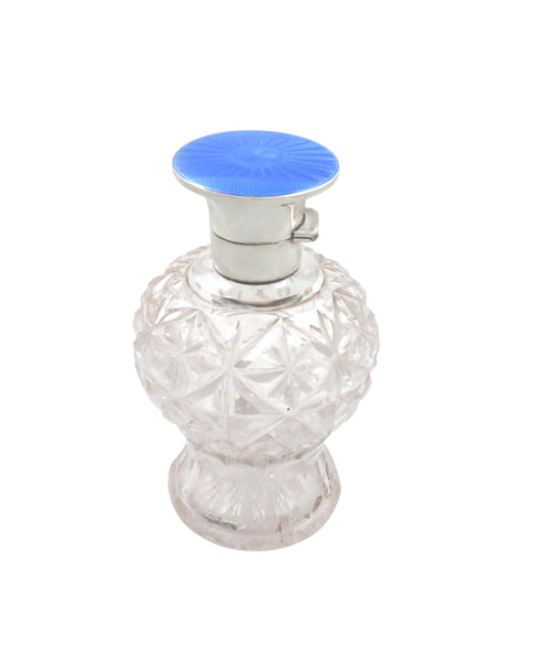 Antique Sterling Silver & Blue Enamel Cut Glass 5 3/4" Scent / Perfume Bottle 1930