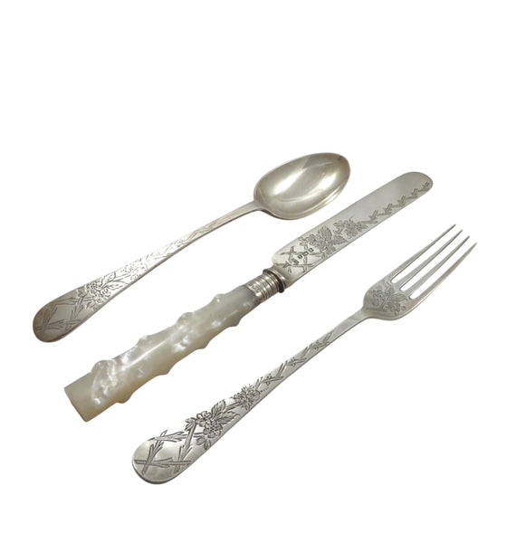 Antique Victorian Sterling Silver 3 Piece Christening Set in Case 1896