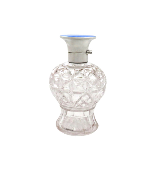 Antique Sterling Silver & Blue Enamel Cut Glass 5 3/4" Scent / Perfume Bottle 1930