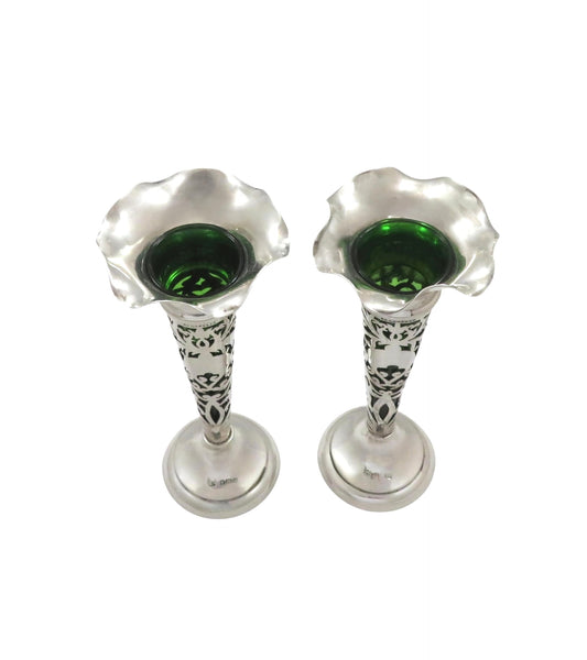 Pair of Antique Edwardian Sterling Silver & Green Glass Liner Bud Vases 1905