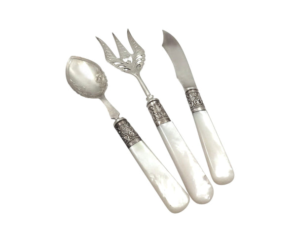 Antique Edwardian Sterling Silver & Mother of Pearl Toast / Crumpet Cutlery Set 1906
