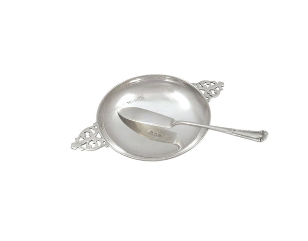 Antique Edwardian Sterling Silver Butter Dish with Knife in Case 1903