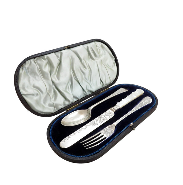 Antique Victorian Sterling Silver 3 Piece Christening Set in Case 1896