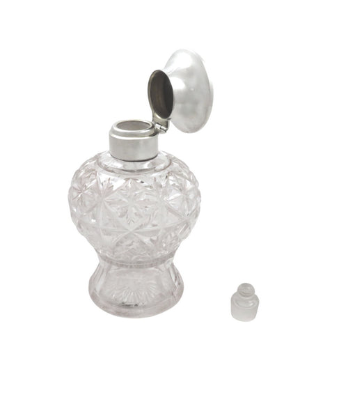 Antique Sterling Silver & Blue Enamel Cut Glass 5 3/4" Scent / Perfume Bottle 1930