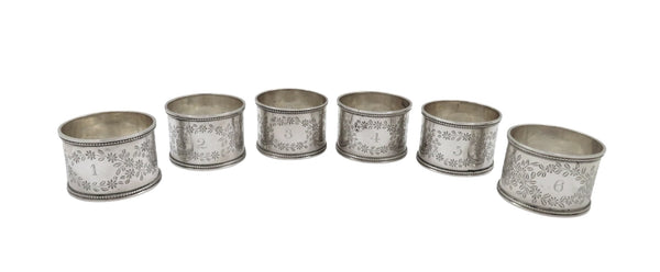 Set of 6 Antique Sterling Silver Napkin Rings in Case 1891