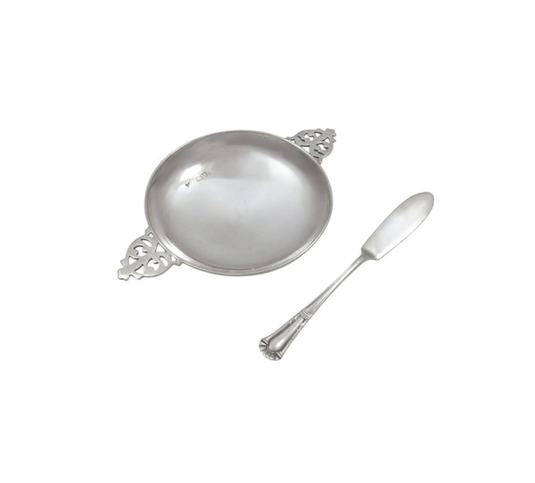 Antique Edwardian Sterling Silver Butter Dish with Knife in Case 1903