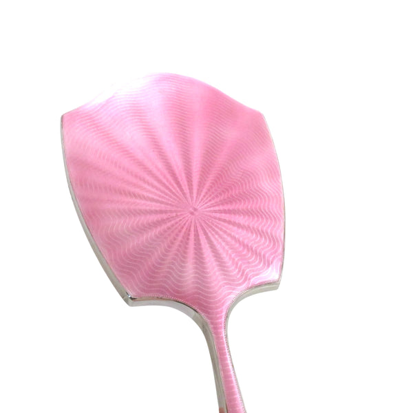 Antique Art Deco Sterling Silver & Pink Enamel Hand Mirror 1938