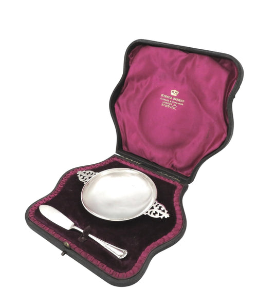 Antique Edwardian Sterling Silver Butter Dish with Knife in Case 1903