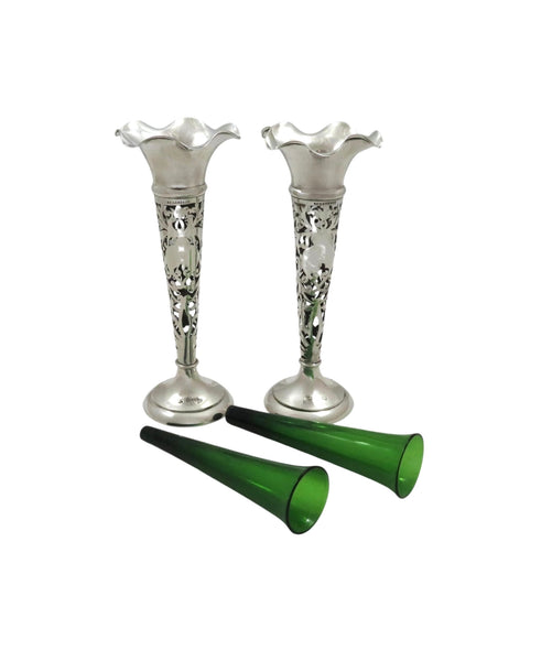 Pair of Antique Edwardian Sterling Silver & Green Glass Liner Bud Vases 1905