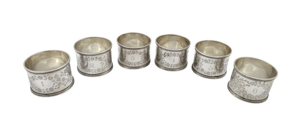 Set of 6 Antique Sterling Silver Napkin Rings in Case 1891