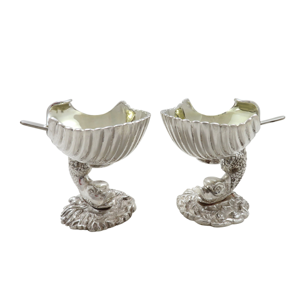Pair of Antique Silver Plated Dolphin & Shell Salts c1880