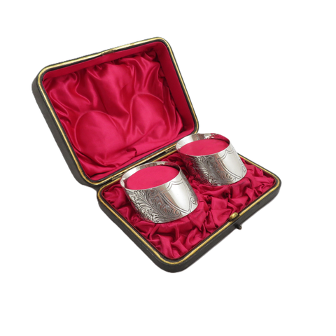 Pair of Antique Victorian Sterling Silver Napkin Rings in Case 1900