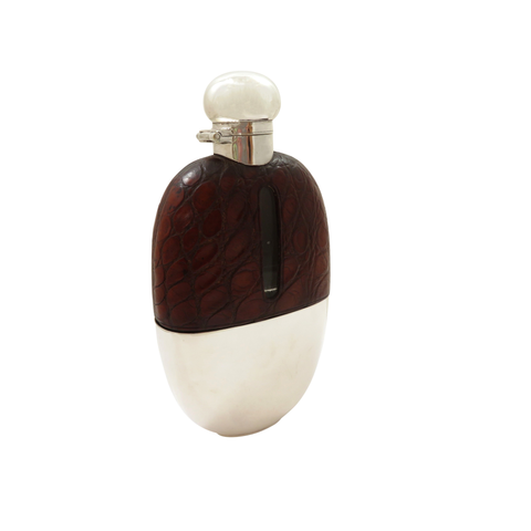 Antique Silver Plated & Crocodile Leather Hip Flask c1890