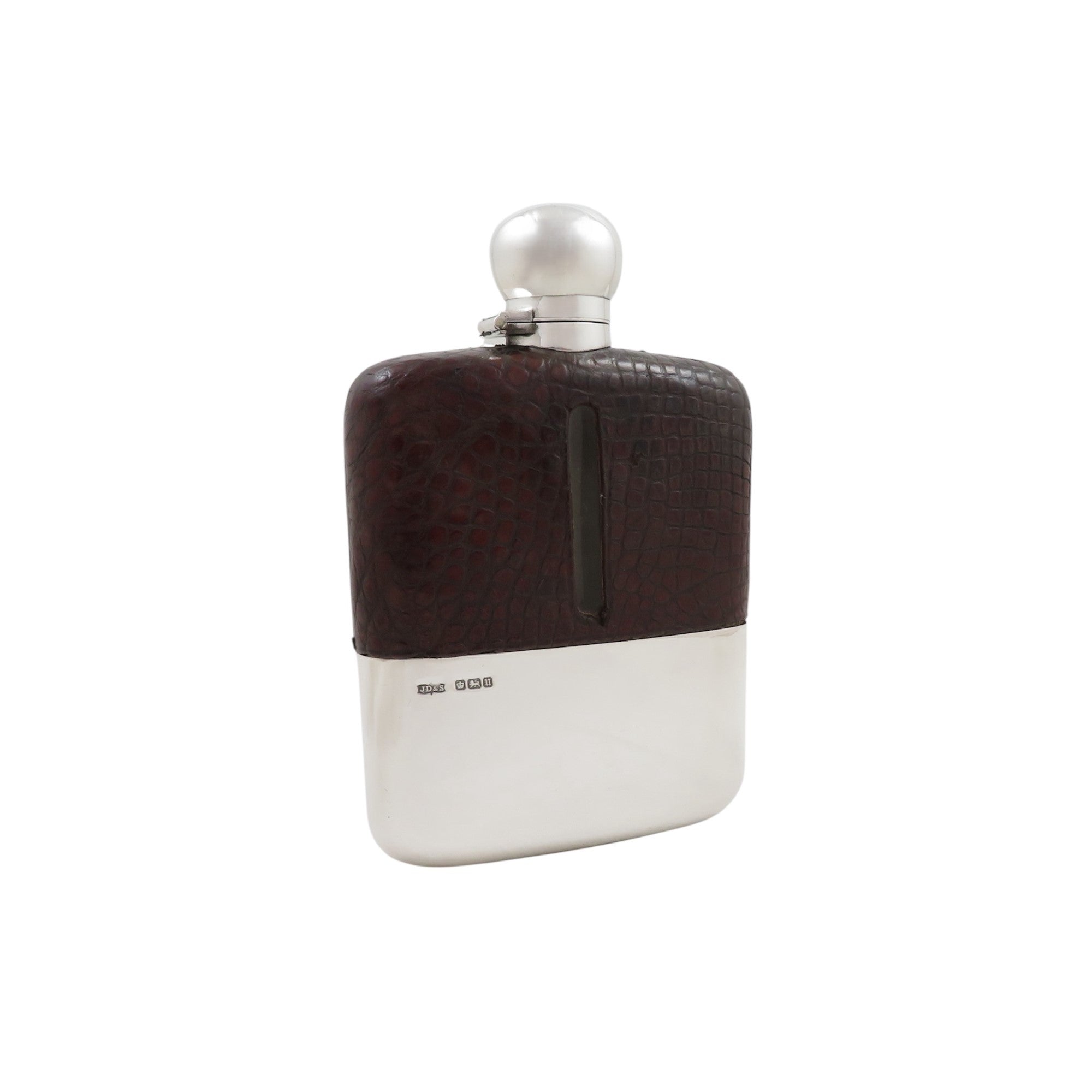 Antique Sterling Silver & Crocodile Leather 6" Hip Flask 1912