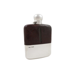 Antique Sterling Silver & Crocodile Leather 6" Hip Flask 1912