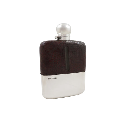 Antique Sterling Silver & Crocodile Leather 6" Hip Flask 1912