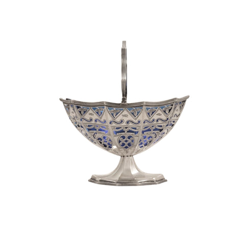 Antique Edwardian Sterling Silver Basket with Blue Glass Liner 1901